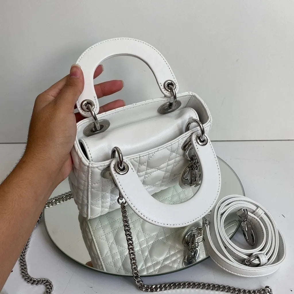 Mini Top Handle Bag in White Quilted Leather with Chain, image 8