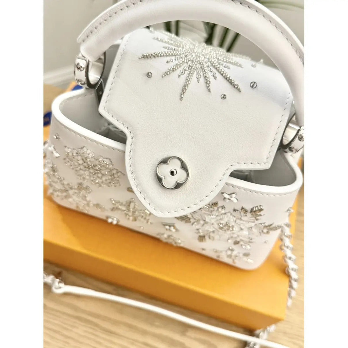 Mini Top Handle Bag in White with Crystal Snowflake Details, image 5