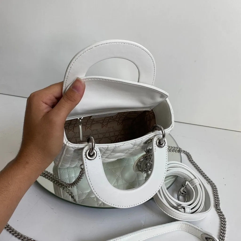 Mini Top Handle Bag in White Quilted Leather with Chain, image 9