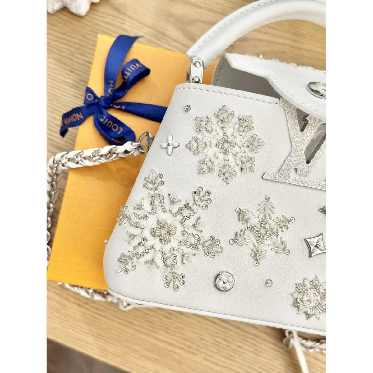 Mini Top Handle Bag in White with Crystal Snowflake Details, image 8