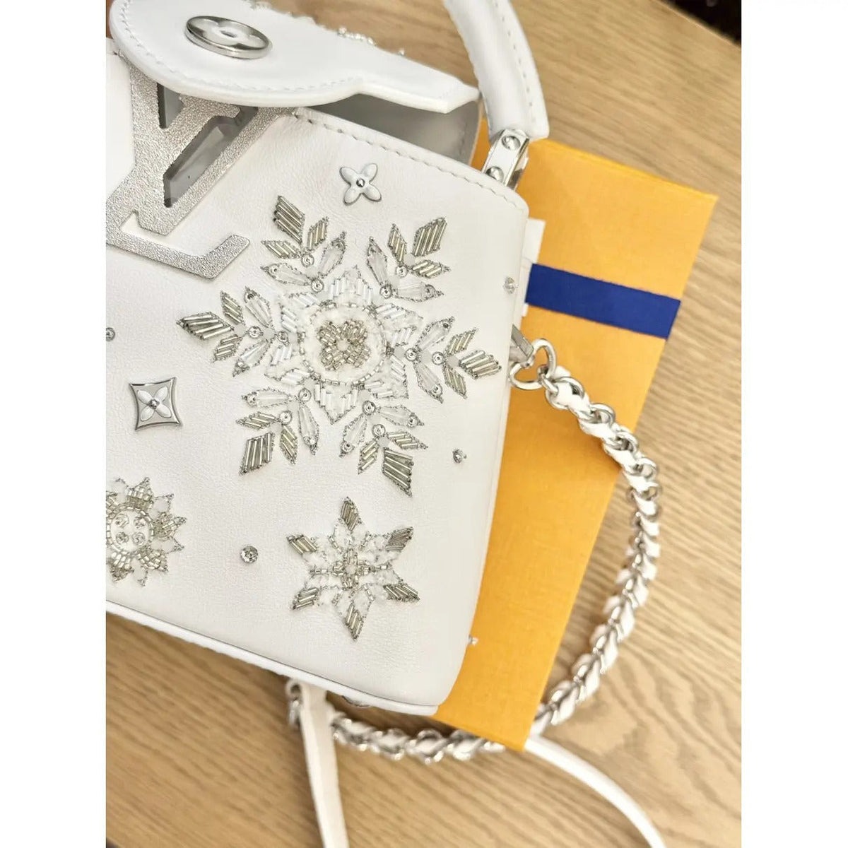 Mini Top Handle Bag in White with Crystal Snowflake Details, image 9
