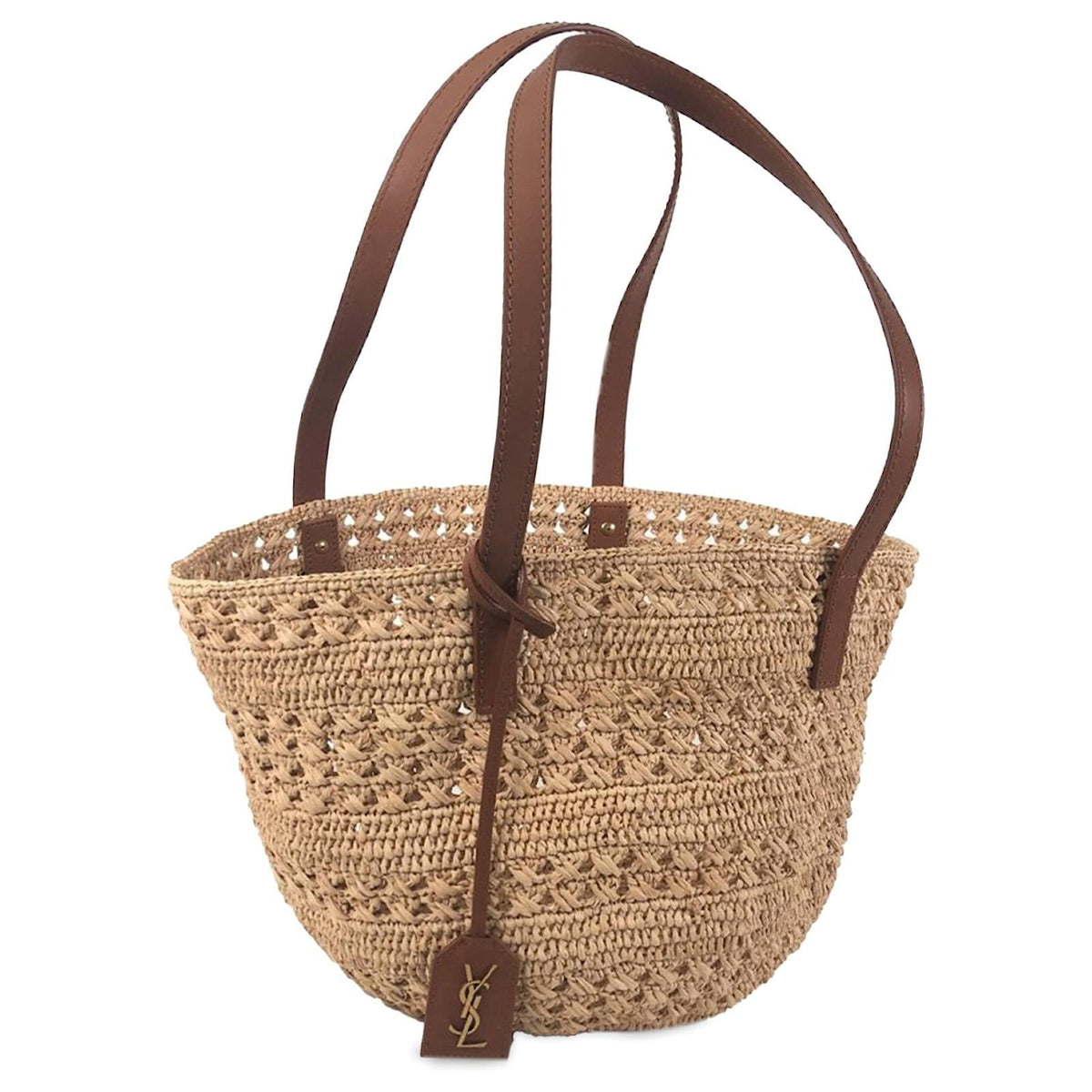 Basket Tote Bag in Natural Crocheted Raffia with Tan Straps, image 5