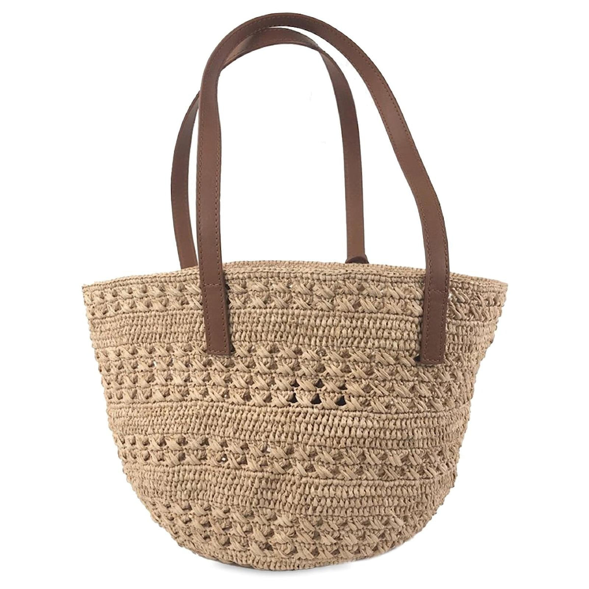 Basket Tote Bag in Natural Crocheted Raffia with Tan Straps, image 9