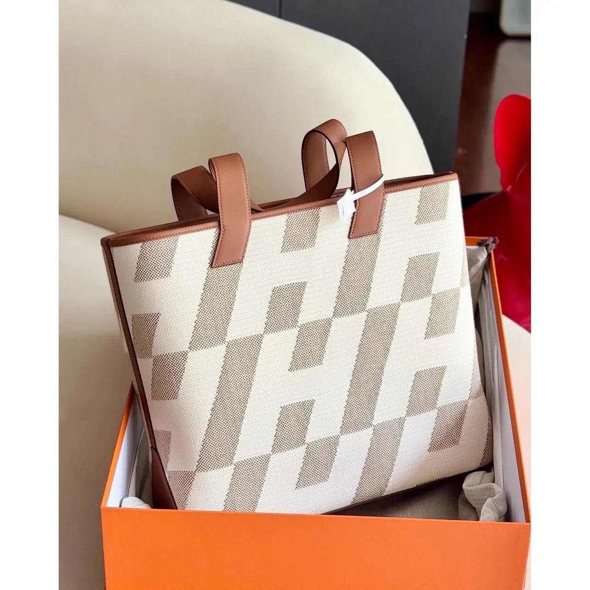Tote Bag in Beige Geometric Canvas with Tan Leather Handles, image 3