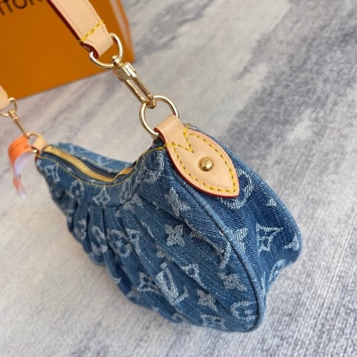 Gathered Hobo Bag in Blue Washed Denim with Gold Zip, image 8