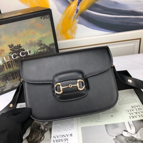 Flap Shoulder Bag in Black Smooth Leather with Gold Bar Clasp, image 6