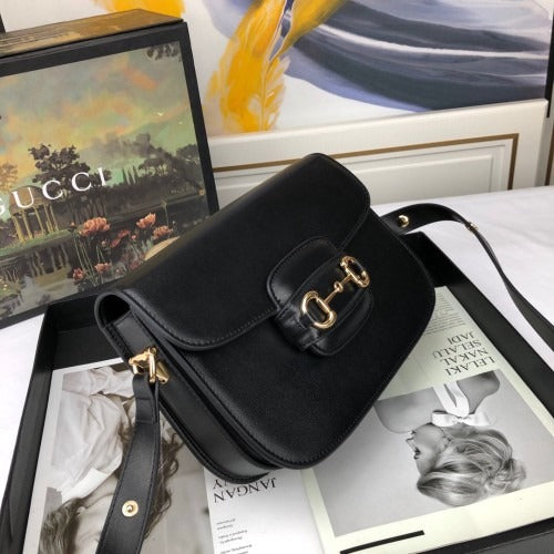 Flap Shoulder Bag in Black Smooth Leather with Gold Bar Clasp, image 7