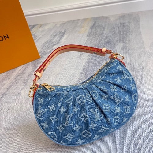 Gathered Hobo Bag in Blue Washed Denim with Gold Zip, image 7