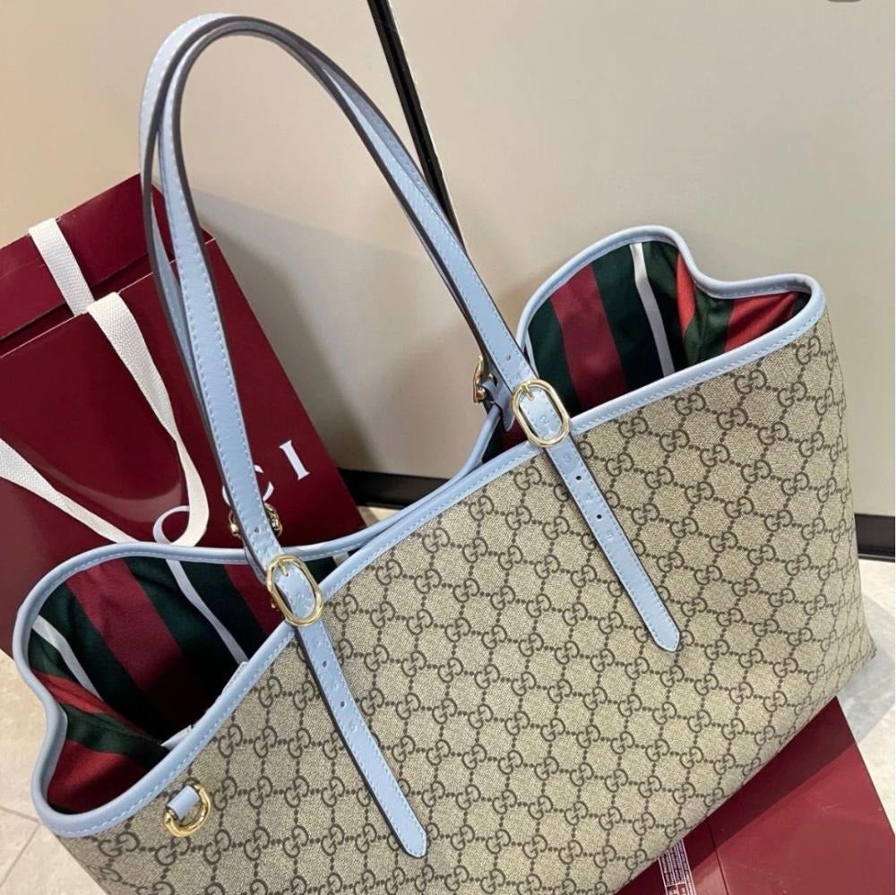 Large Tote Bag in Beige Coated Canvas with Pale Blue Trim, image 9