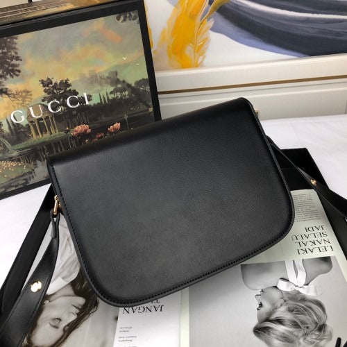 Flap Shoulder Bag in Black Smooth Leather with Gold Bar Clasp, image 8