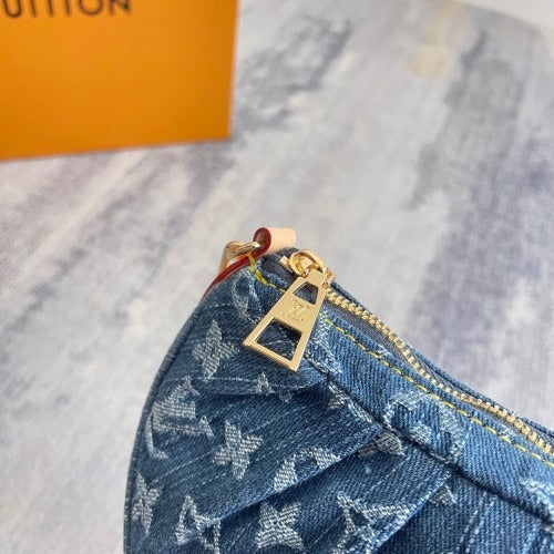 Gathered Hobo Bag in Blue Washed Denim with Gold Zip, image 11