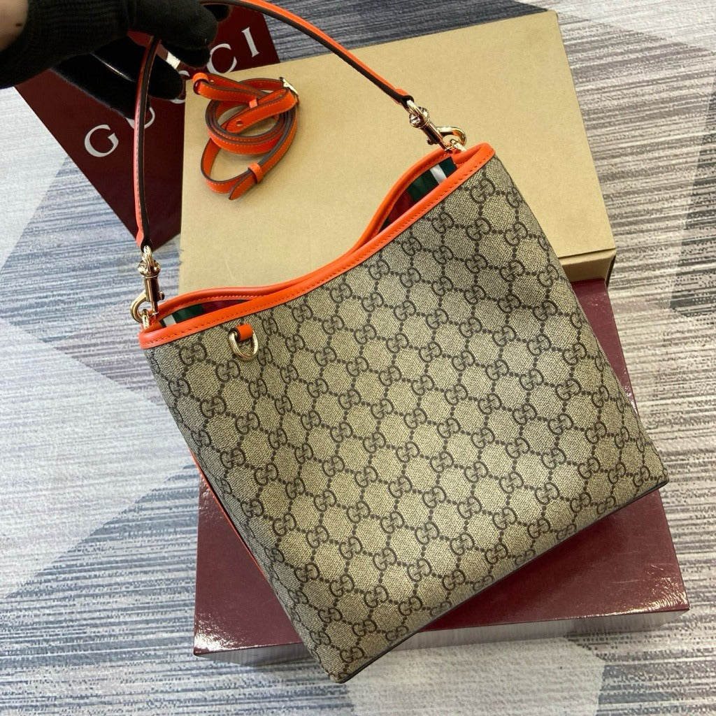 Hobo Bag in Beige Coated Canvas with Orange Trim, image 5