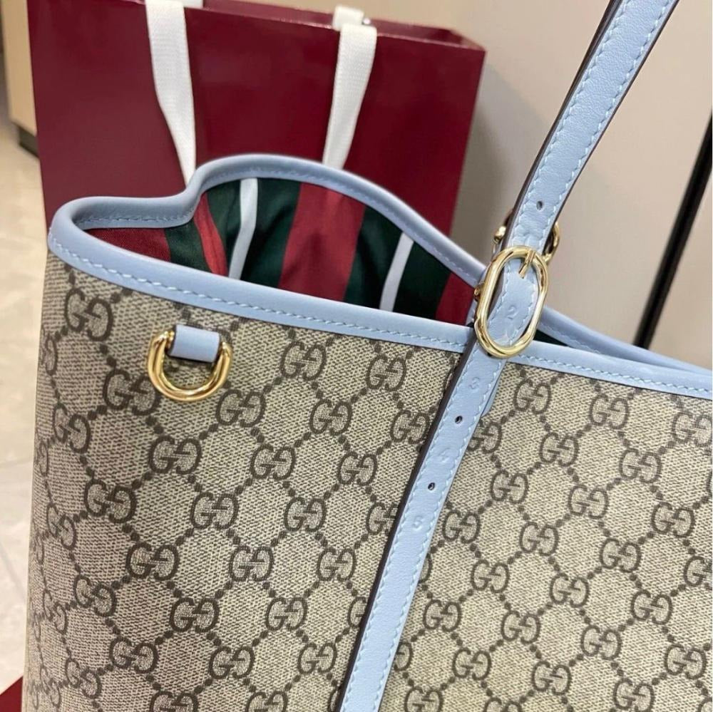 Large Tote Bag in Beige Coated Canvas with Pale Blue Trim, image 11