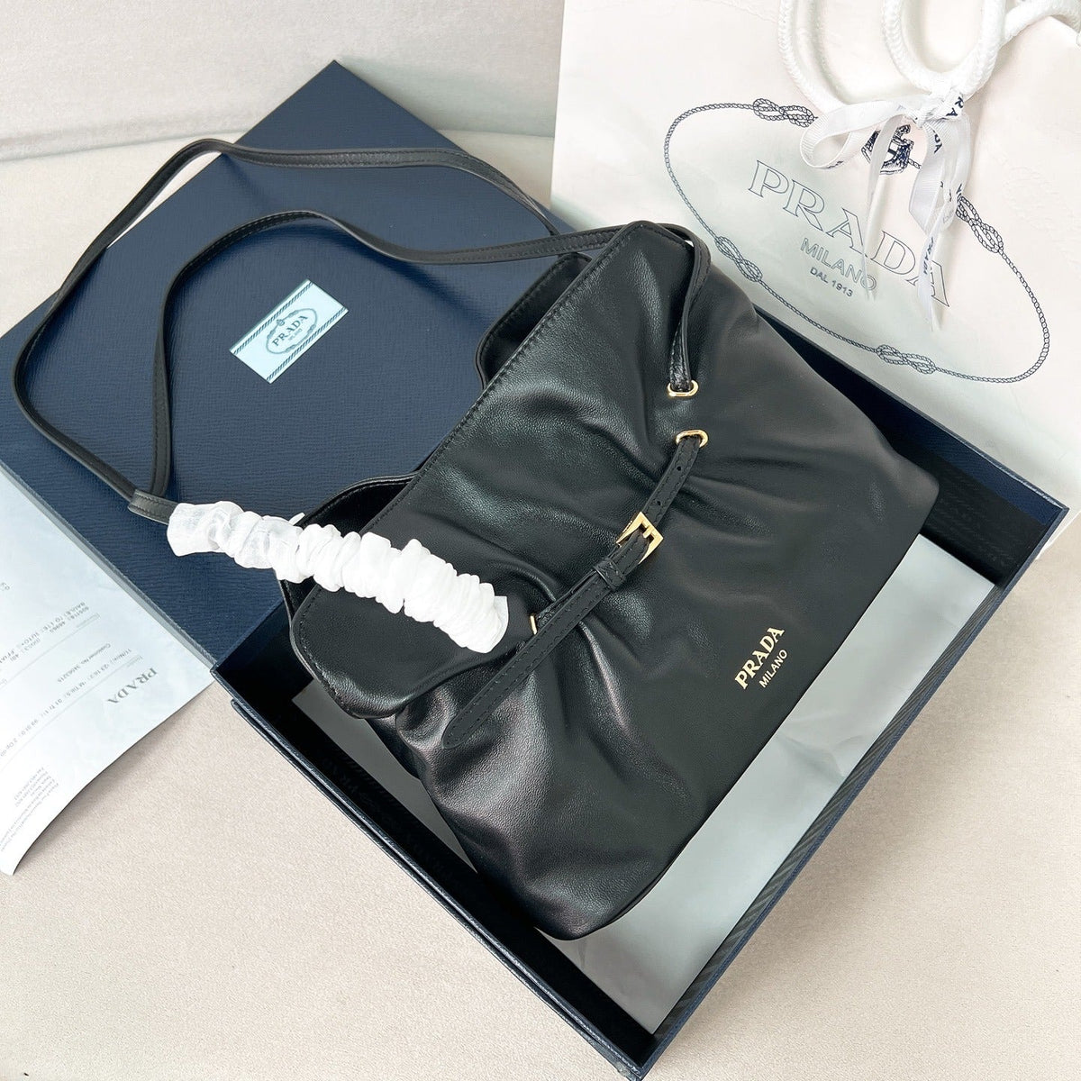 Gathered Shoulder Bag in Black Smooth Leather with Buckle, image 8