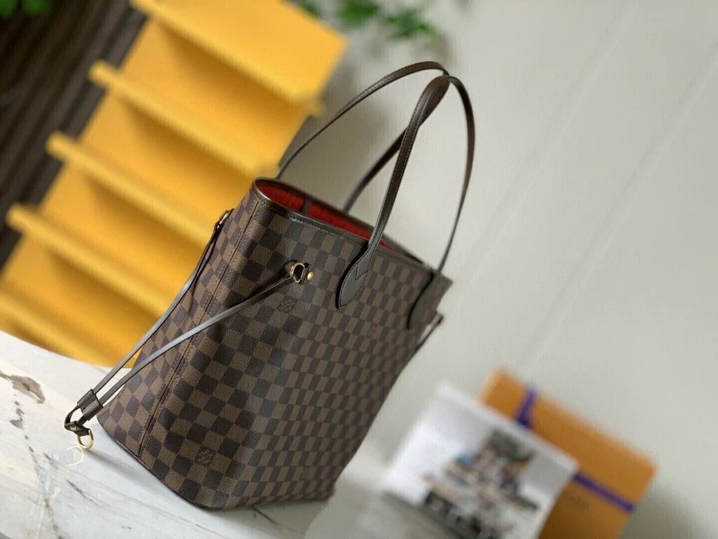 Large Tote Bag in Brown Checkered Canvas with Red Lining, image 5