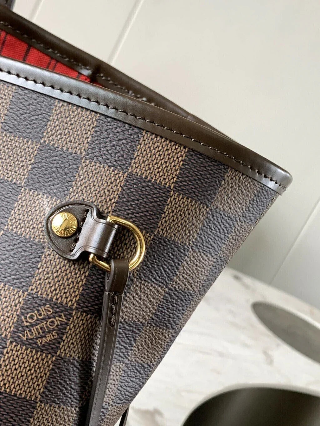 Large Tote Bag in Brown Checkered Canvas with Red Lining, image 4