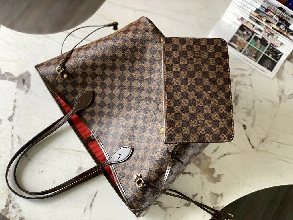 Large Tote Bag in Brown Checkered Canvas with Red Lining, image 2